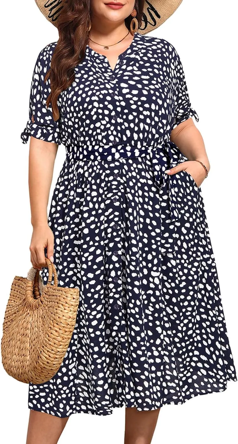 Pinup Fashion Summer Work Dress Plus Size - Office Casual Business Button Front Midi Dress with Pockets
