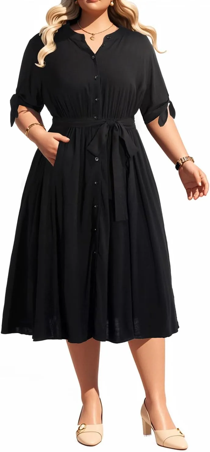 Pinup Fashion Summer Work Dress Plus Size - Office Casual Business Button Front Midi Dress with Pockets
