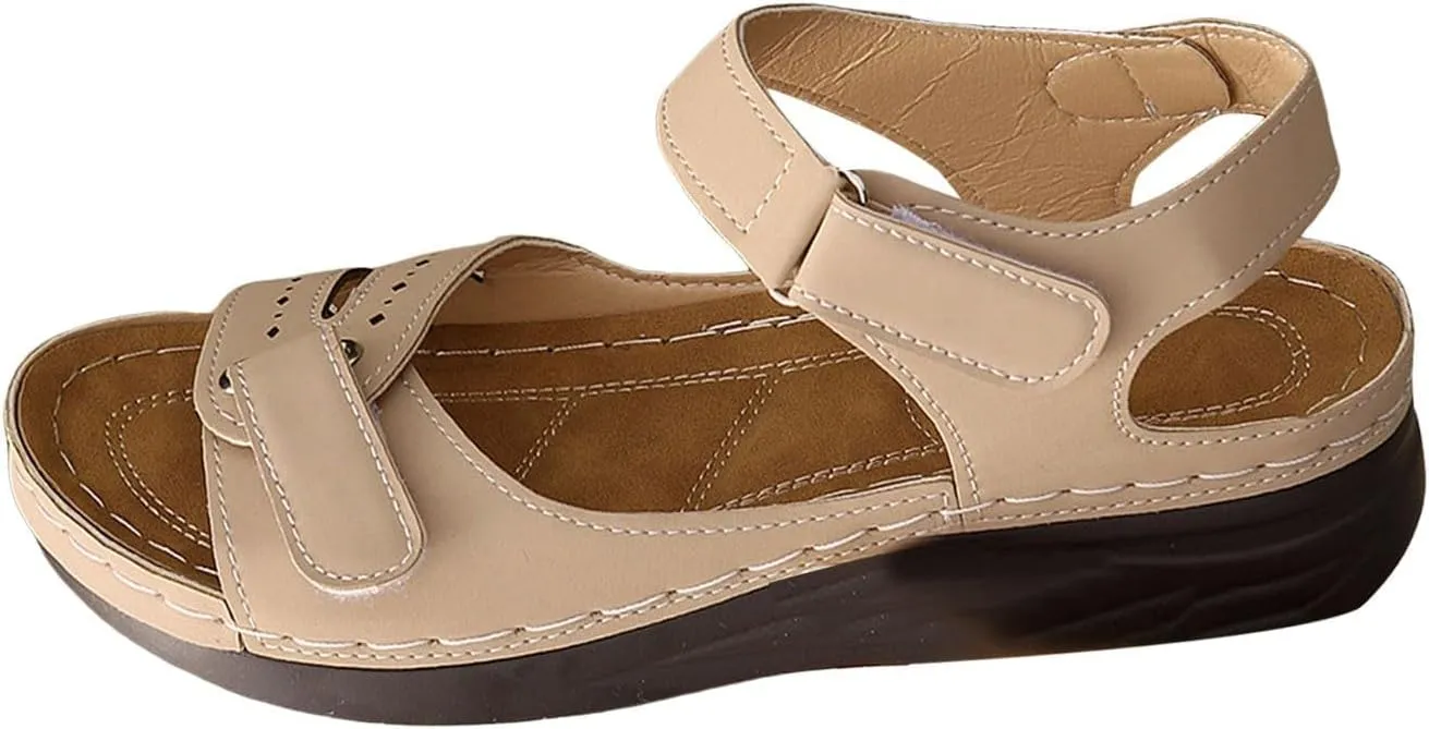 Platform Sandals Women Magic Tape Arch Support Shoes Ankle Orthopedic Strappy Walking Sandals Open Toe Slip-On Shoes Comfortable Beach Vacation Summer Footwear