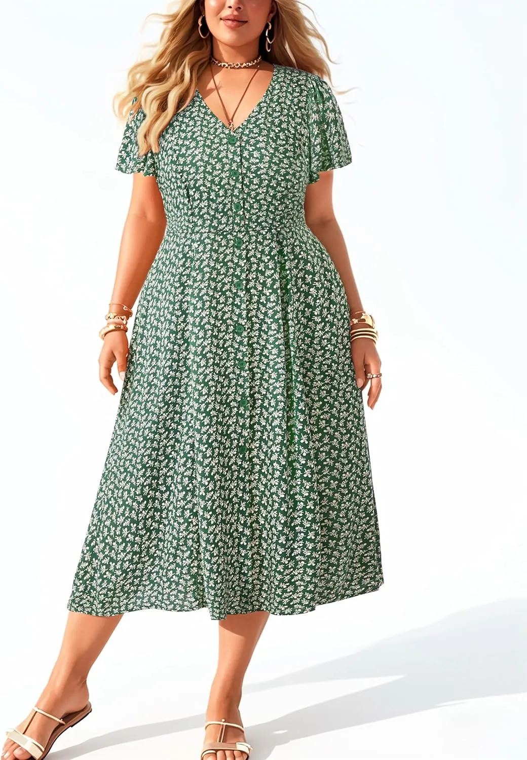 Plus Size Summer Dresses - Casual Work Boho Button Front Floral Midi Dress with Pockets