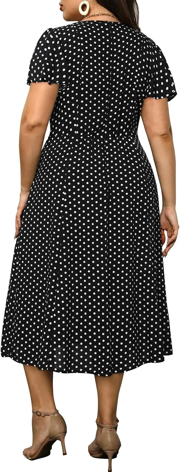 Plus Size Summer Dresses - Casual Work Boho Button Front Floral Midi Dress with Pockets