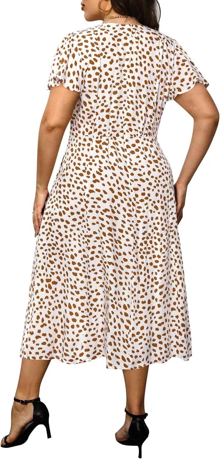 Plus Size Summer Dresses - Casual Work Boho Button Front Floral Midi Dress with Pockets