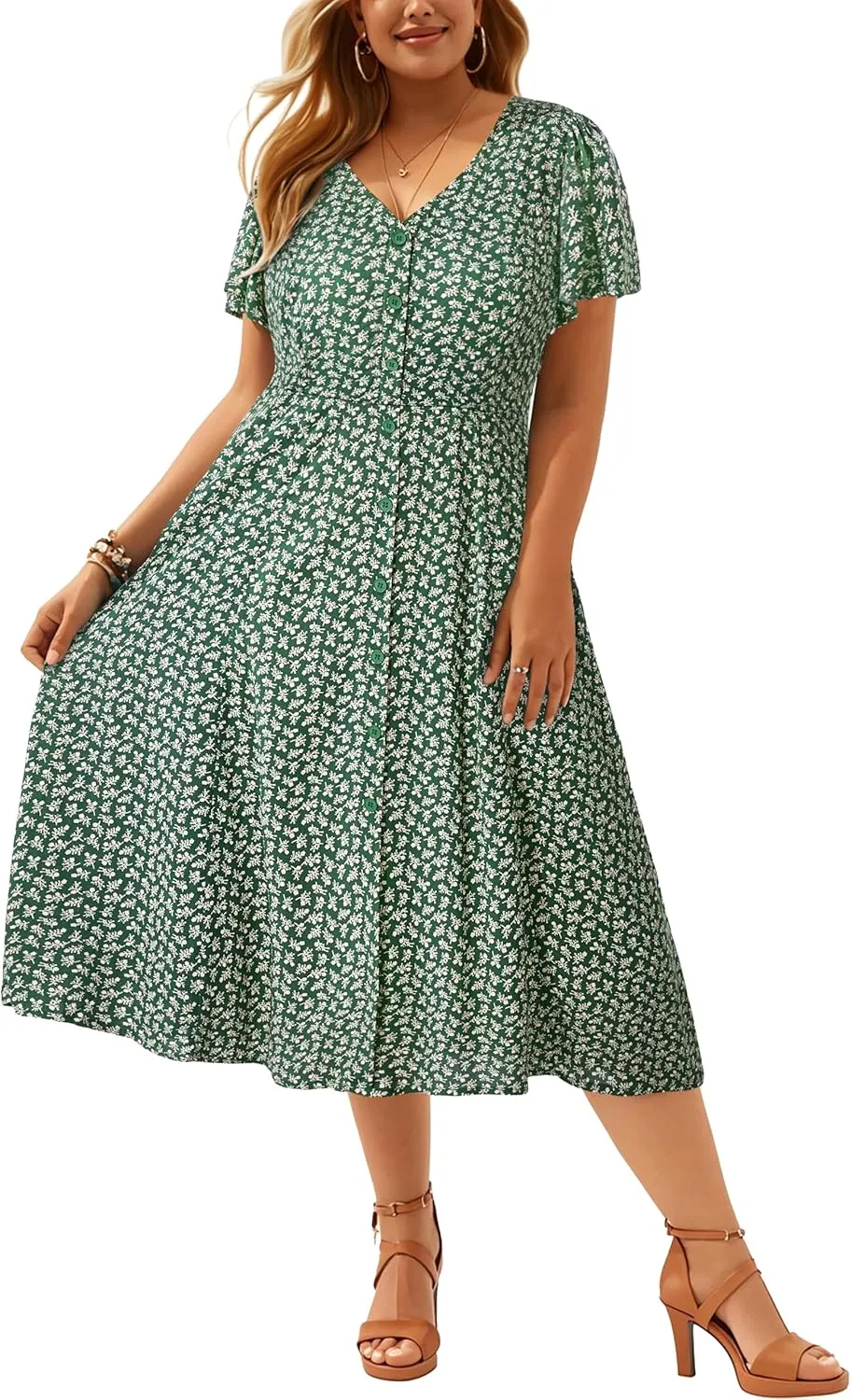 Plus Size Summer Dresses - Casual Work Boho Button Front Floral Midi Dress with Pockets