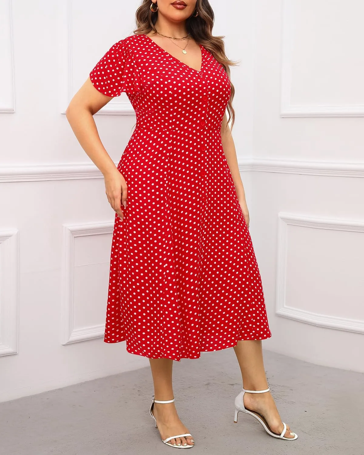 Plus Size Summer Dresses - Casual Work Boho Button Front Floral Midi Dress with Pockets
