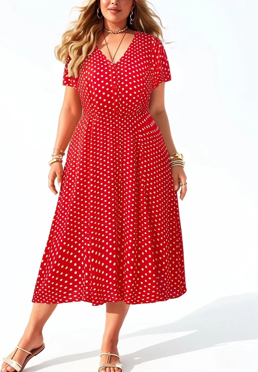 Plus Size Summer Dresses - Casual Work Boho Button Front Floral Midi Dress with Pockets