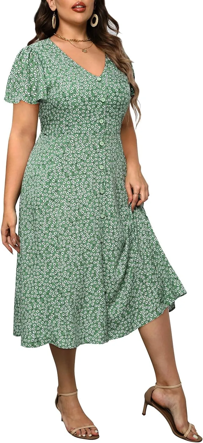 Plus Size Summer Dresses - Casual Work Boho Button Front Floral Midi Dress with Pockets