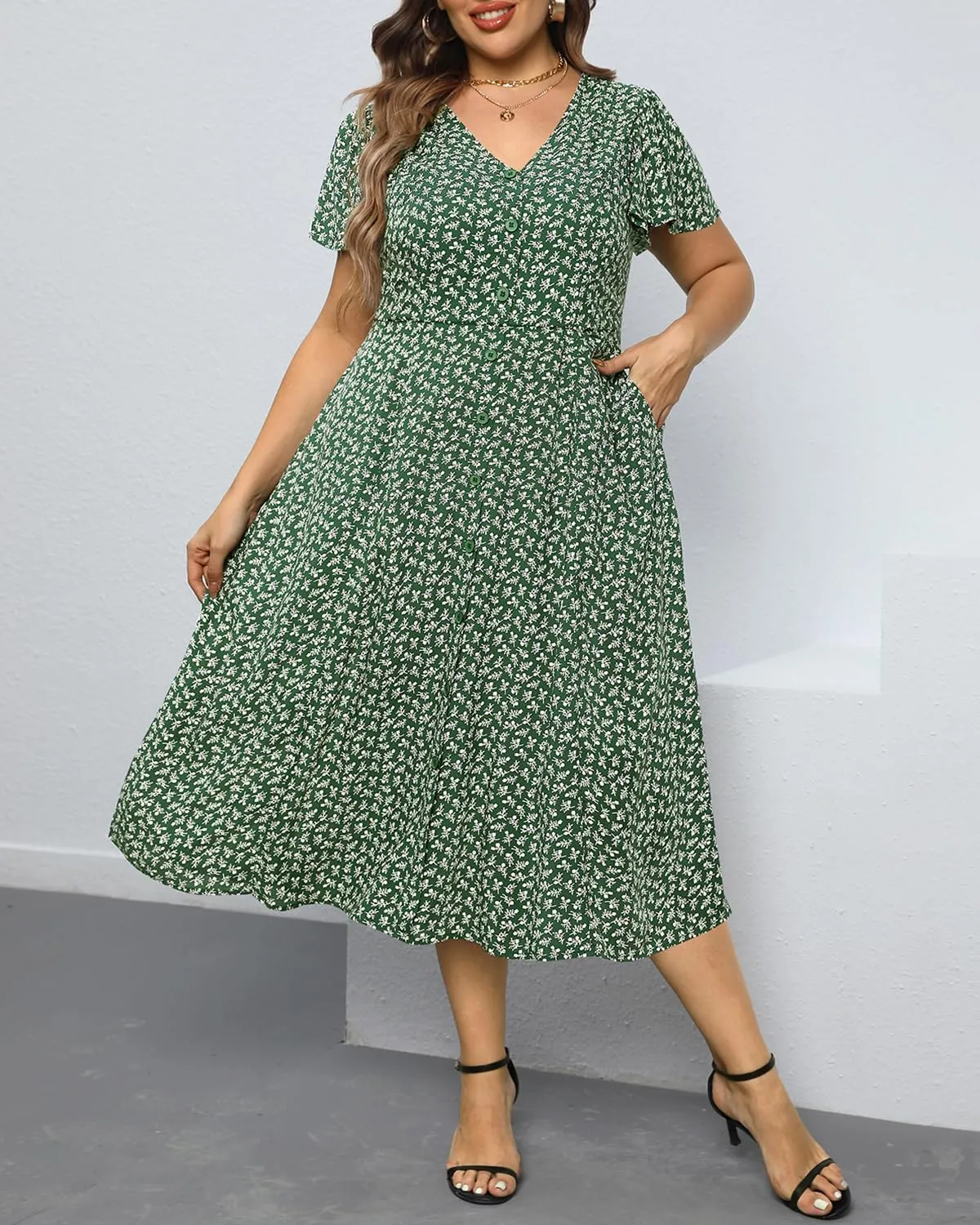 Plus Size Summer Dresses - Casual Work Boho Button Front Floral Midi Dress with Pockets