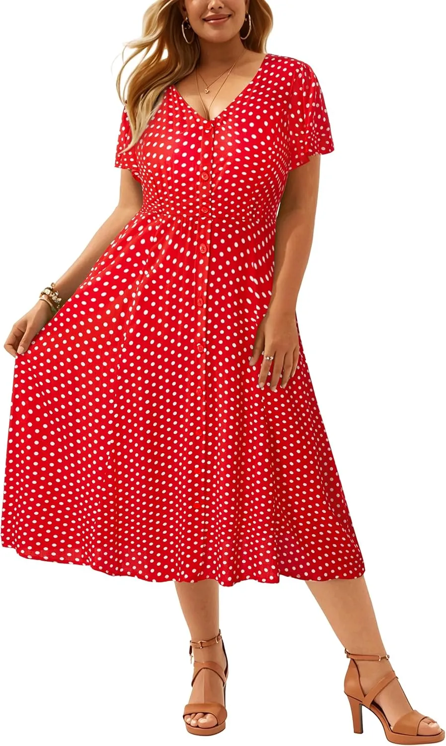 Plus Size Summer Dresses - Casual Work Boho Button Front Floral Midi Dress with Pockets