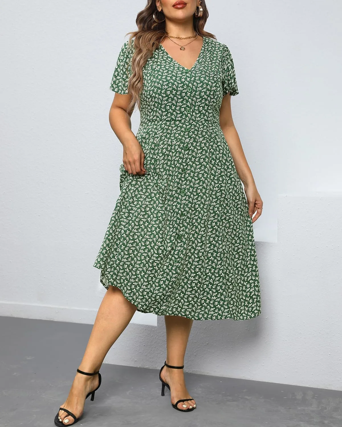 Plus Size Summer Dresses - Casual Work Boho Button Front Floral Midi Dress with Pockets