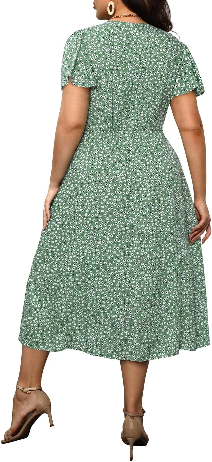 Plus Size Summer Dresses - Casual Work Boho Button Front Floral Midi Dress with Pockets
