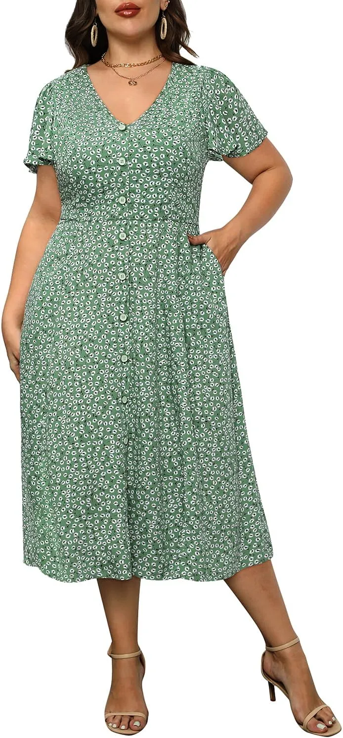 Plus Size Summer Dresses - Casual Work Boho Button Front Floral Midi Dress with Pockets
