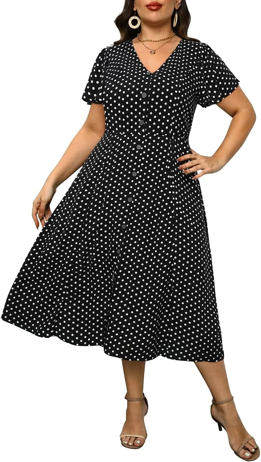 Plus Size Summer Dresses - Casual Work Boho Button Front Floral Midi Dress with Pockets