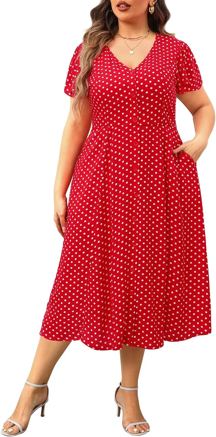Plus Size Summer Dresses - Casual Work Boho Button Front Floral Midi Dress with Pockets