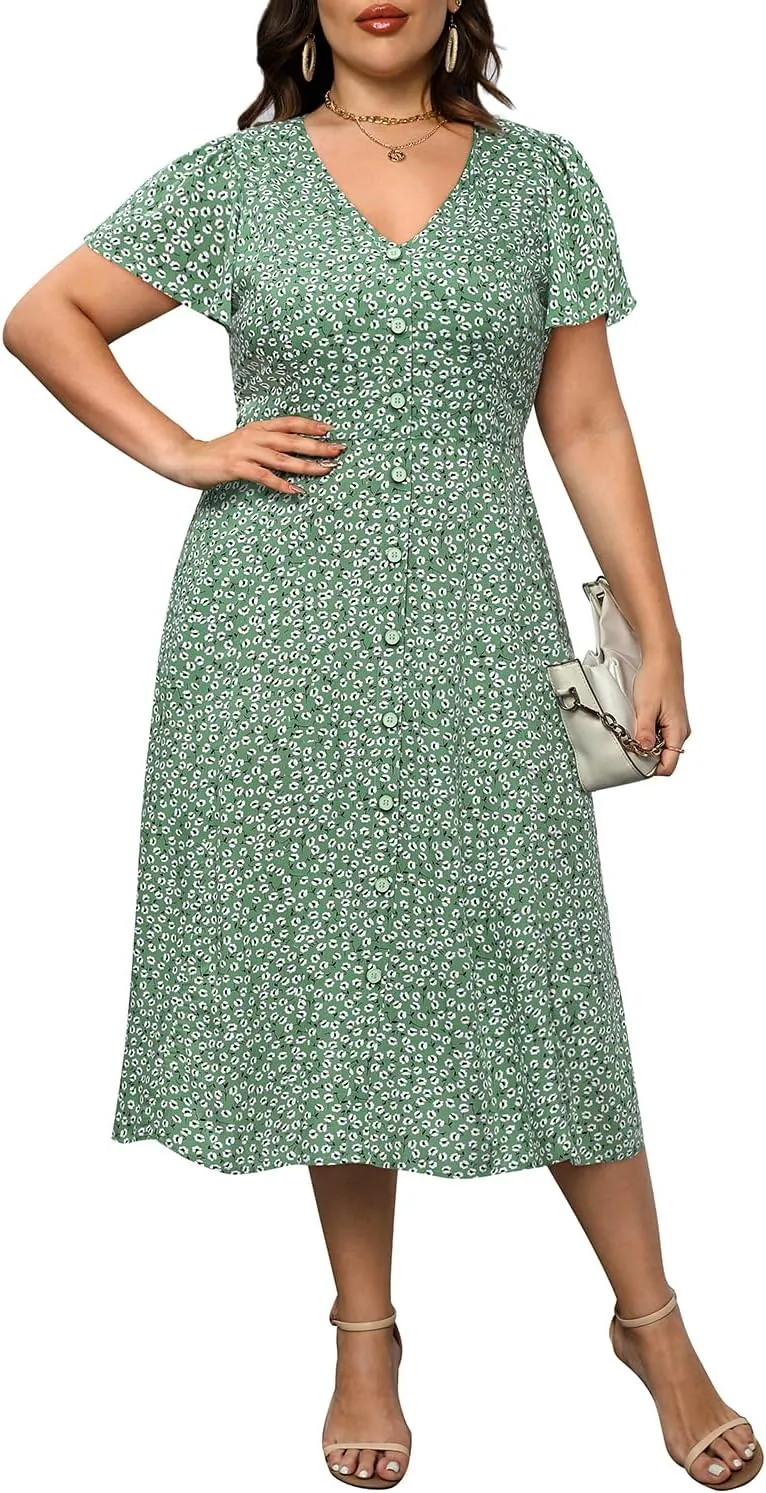 Plus Size Summer Dresses - Casual Work Boho Button Front Floral Midi Dress with Pockets