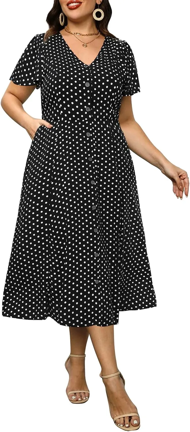 Plus Size Summer Dresses - Casual Work Boho Button Front Floral Midi Dress with Pockets