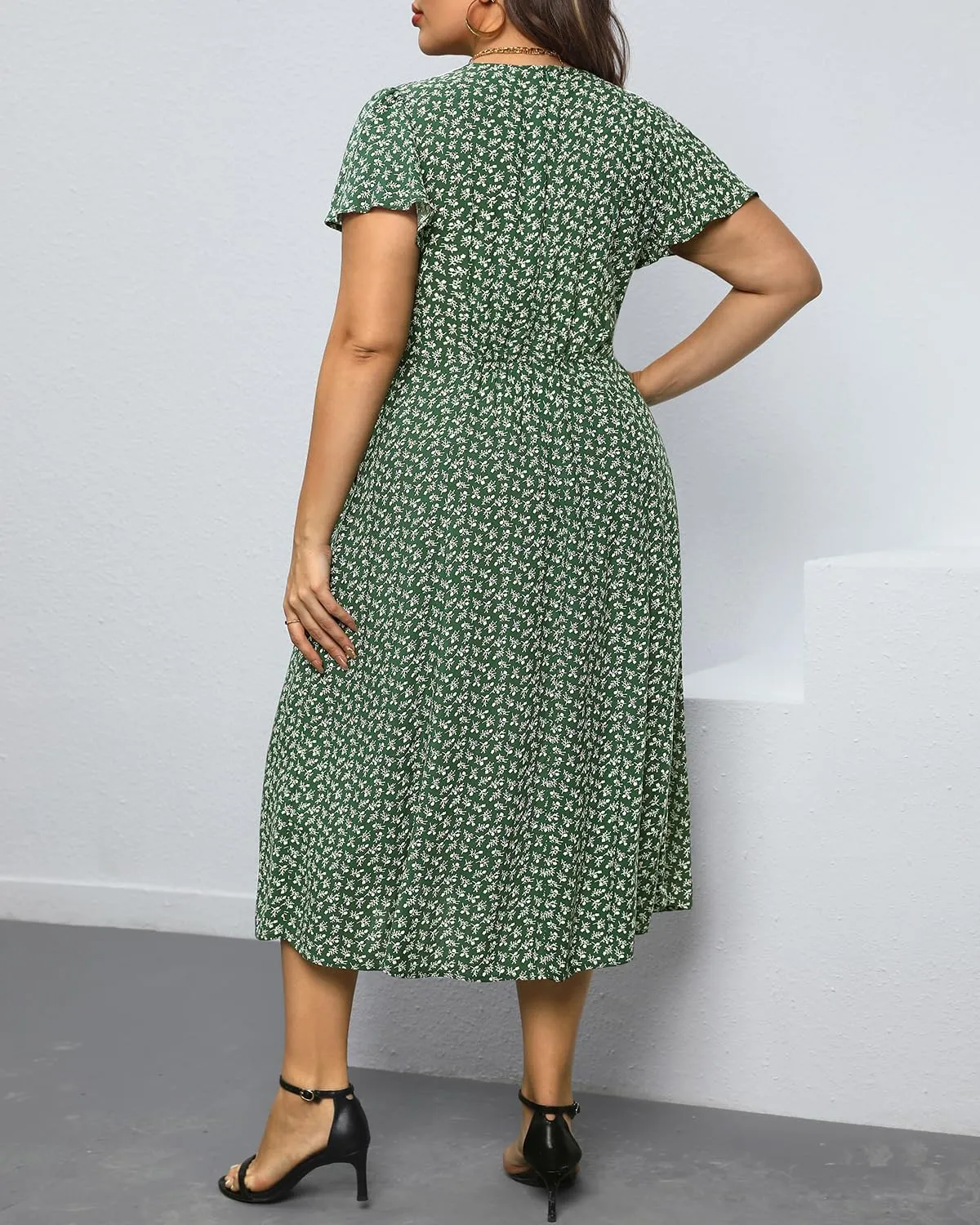 Plus Size Summer Dresses - Casual Work Boho Button Front Floral Midi Dress with Pockets