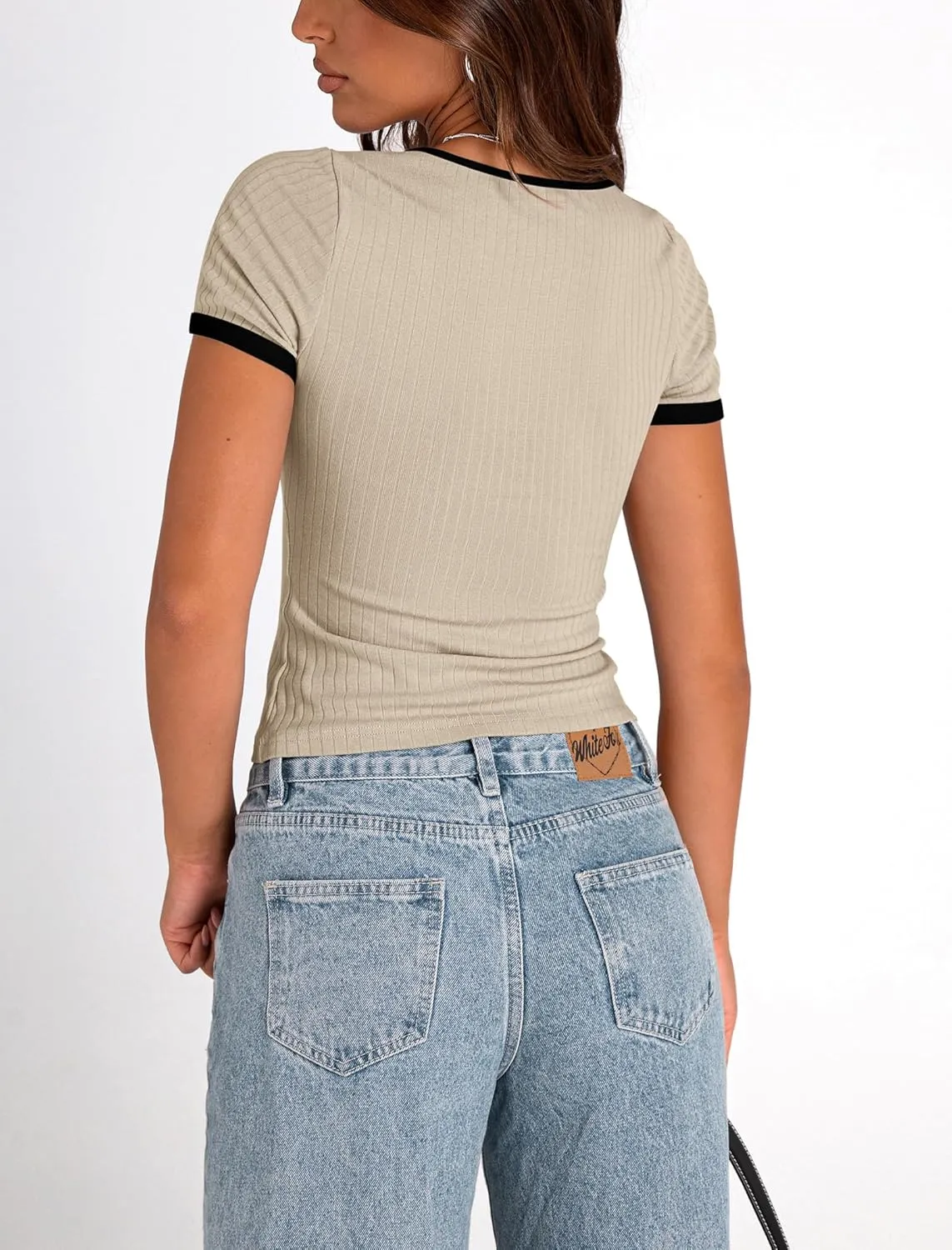 PRETTYGARDEN Women's Summer Short Sleeve T Shirts Ribbed Knit Square Neck Color Block Slim Fit Basic Casual Crop Tops Blouses