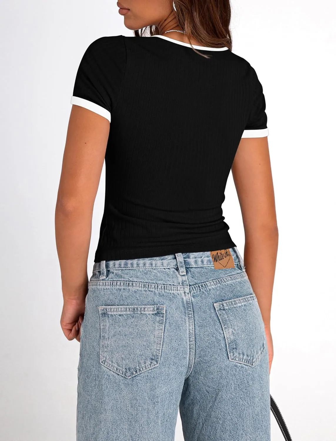 PRETTYGARDEN Women's Summer Short Sleeve T Shirts Ribbed Knit Square Neck Color Block Slim Fit Basic Casual Crop Tops Blouses