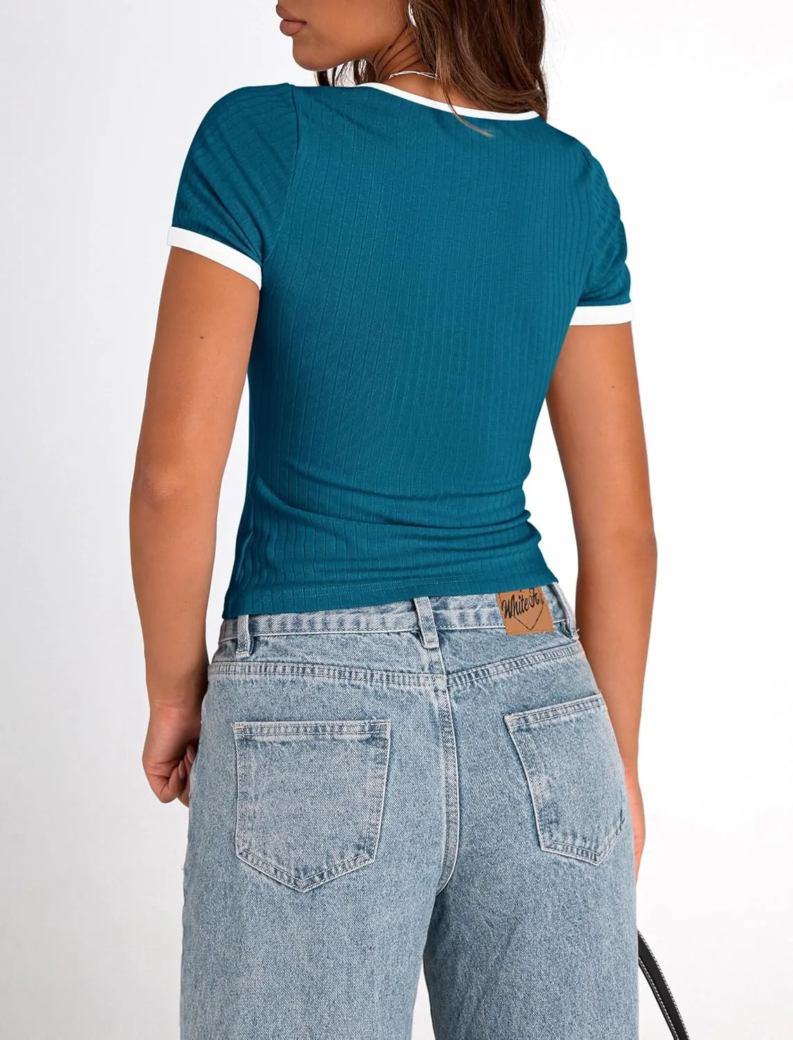 PRETTYGARDEN Women's Summer Short Sleeve T Shirts Ribbed Knit Square Neck Color Block Slim Fit Basic Casual Crop Tops Blouses