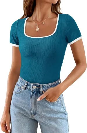 PRETTYGARDEN Women's Summer Short Sleeve T Shirts Ribbed Knit Square Neck Color Block Slim Fit Basic Casual Crop Tops Blouses