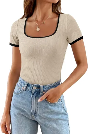 PRETTYGARDEN Women's Summer Short Sleeve T Shirts Ribbed Knit Square Neck Color Block Slim Fit Basic Casual Crop Tops Blouses