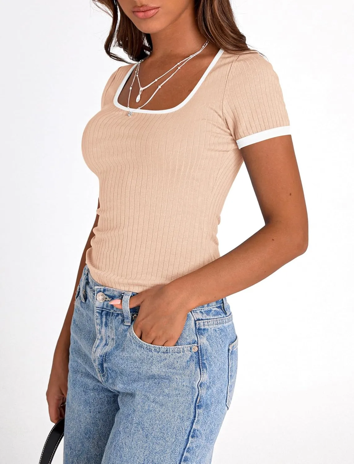 PRETTYGARDEN Women's Summer Short Sleeve T Shirts Ribbed Knit Square Neck Color Block Slim Fit Basic Casual Crop Tops Blouses