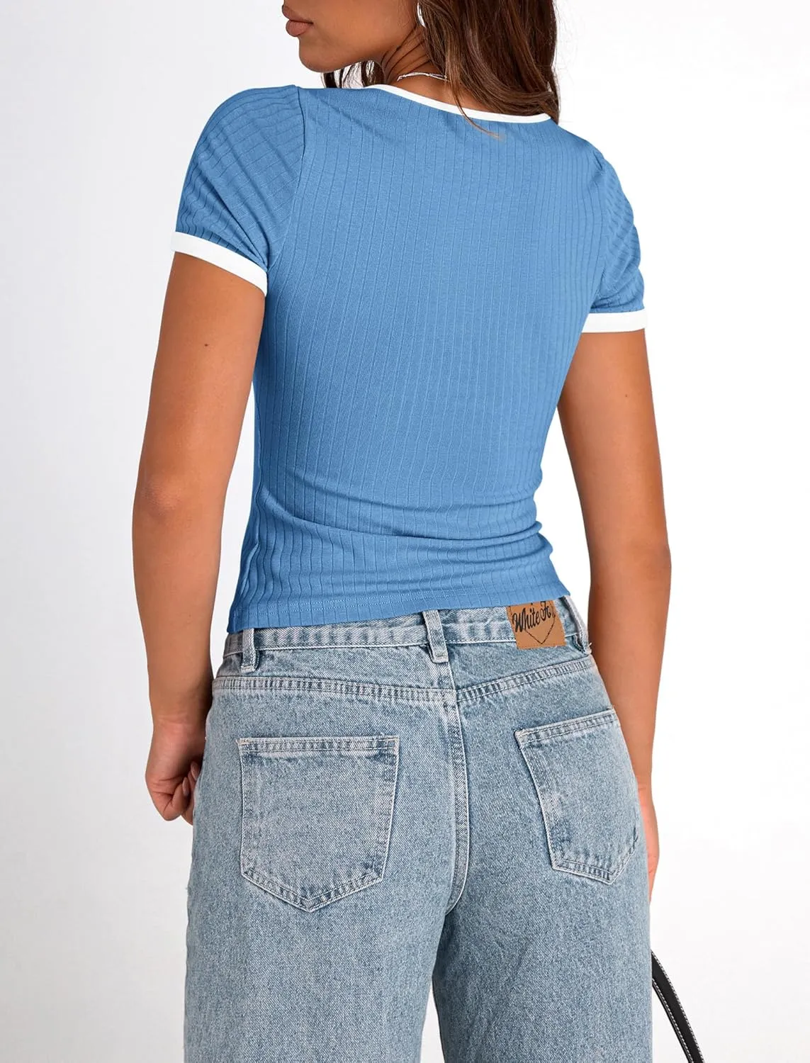 PRETTYGARDEN Women's Summer Short Sleeve T Shirts Ribbed Knit Square Neck Color Block Slim Fit Basic Casual Crop Tops Blouses