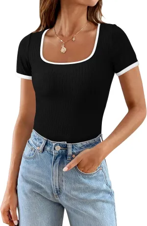 PRETTYGARDEN Women's Summer Short Sleeve T Shirts Ribbed Knit Square Neck Color Block Slim Fit Basic Casual Crop Tops Blouses