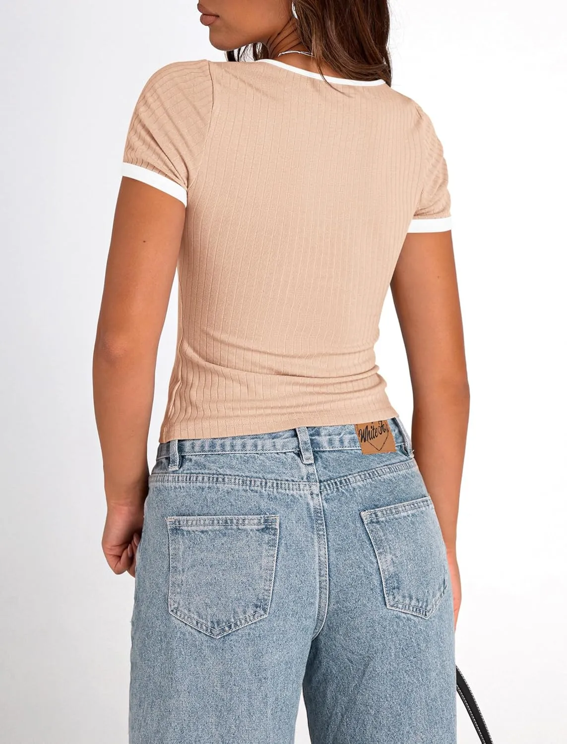 PRETTYGARDEN Women's Summer Short Sleeve T Shirts Ribbed Knit Square Neck Color Block Slim Fit Basic Casual Crop Tops Blouses