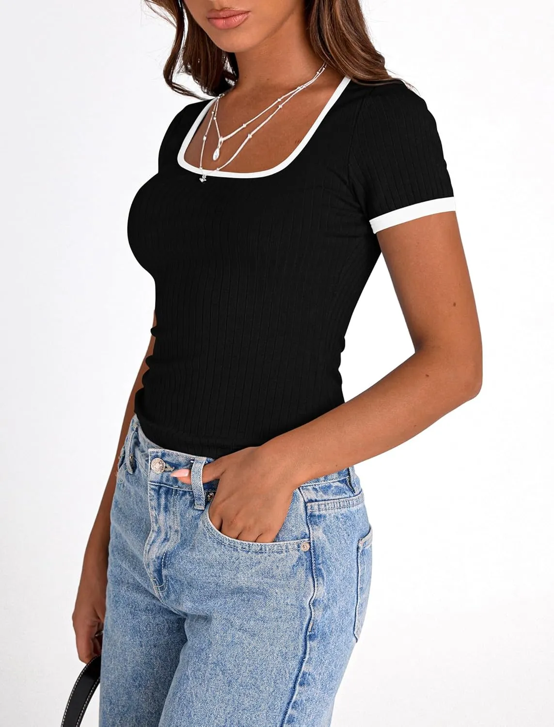 PRETTYGARDEN Women's Summer Short Sleeve T Shirts Ribbed Knit Square Neck Color Block Slim Fit Basic Casual Crop Tops Blouses