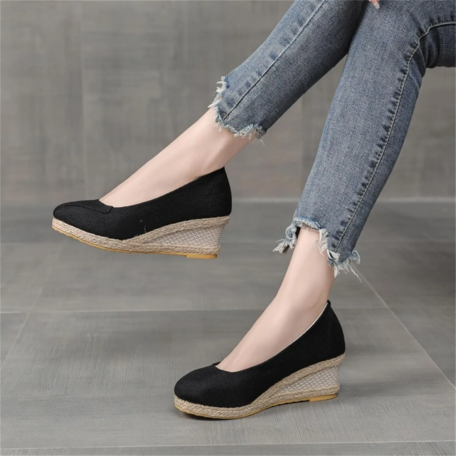 Raffia Sandals Women Closed Toe Woven Flax Espadrilles Wedge Sandals High Sole Slip-On Platform Shoes Fashion Arch Support Summer Shoes