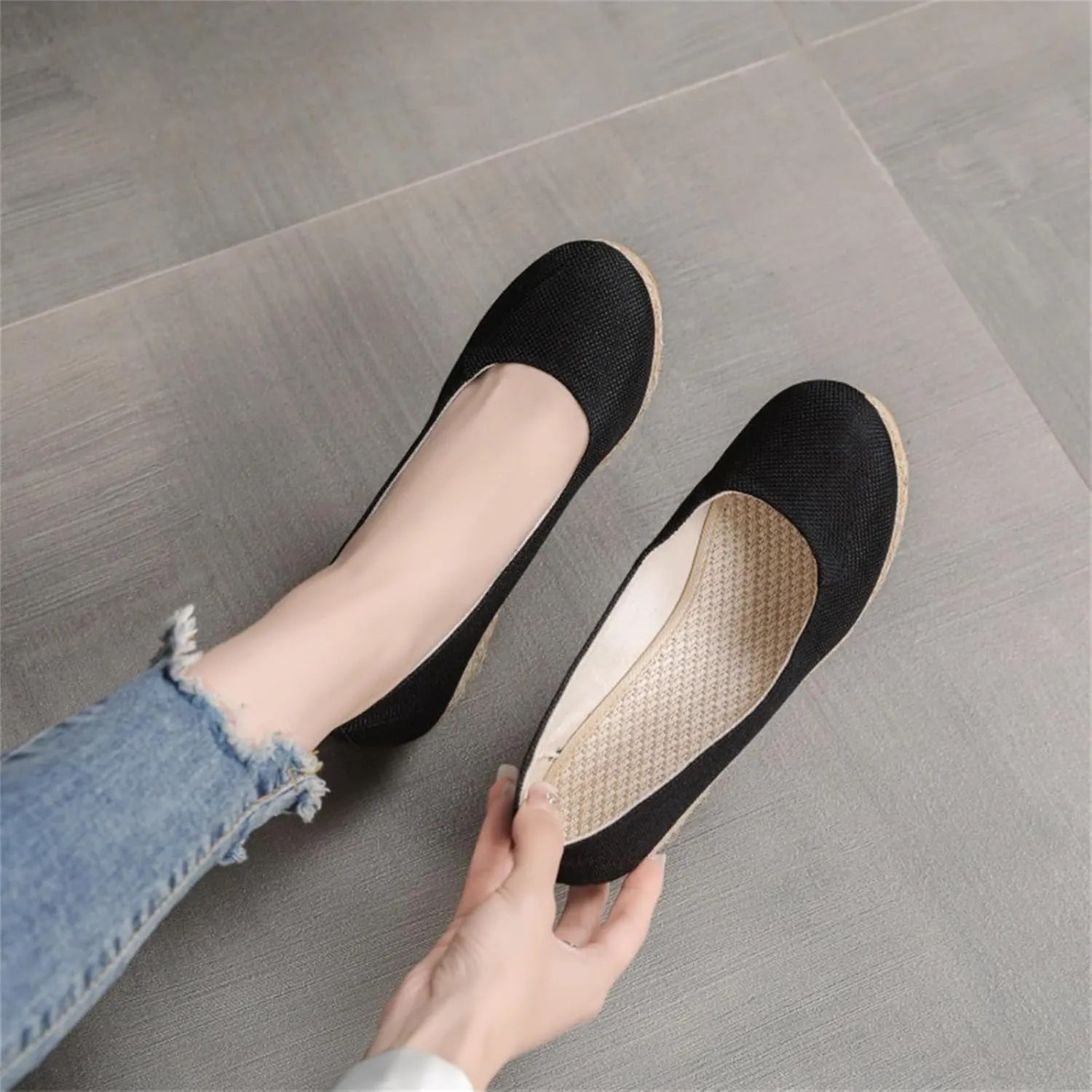 Raffia Sandals Women Closed Toe Woven Flax Espadrilles Wedge Sandals High Sole Slip-On Platform Shoes Fashion Arch Support Summer Shoes