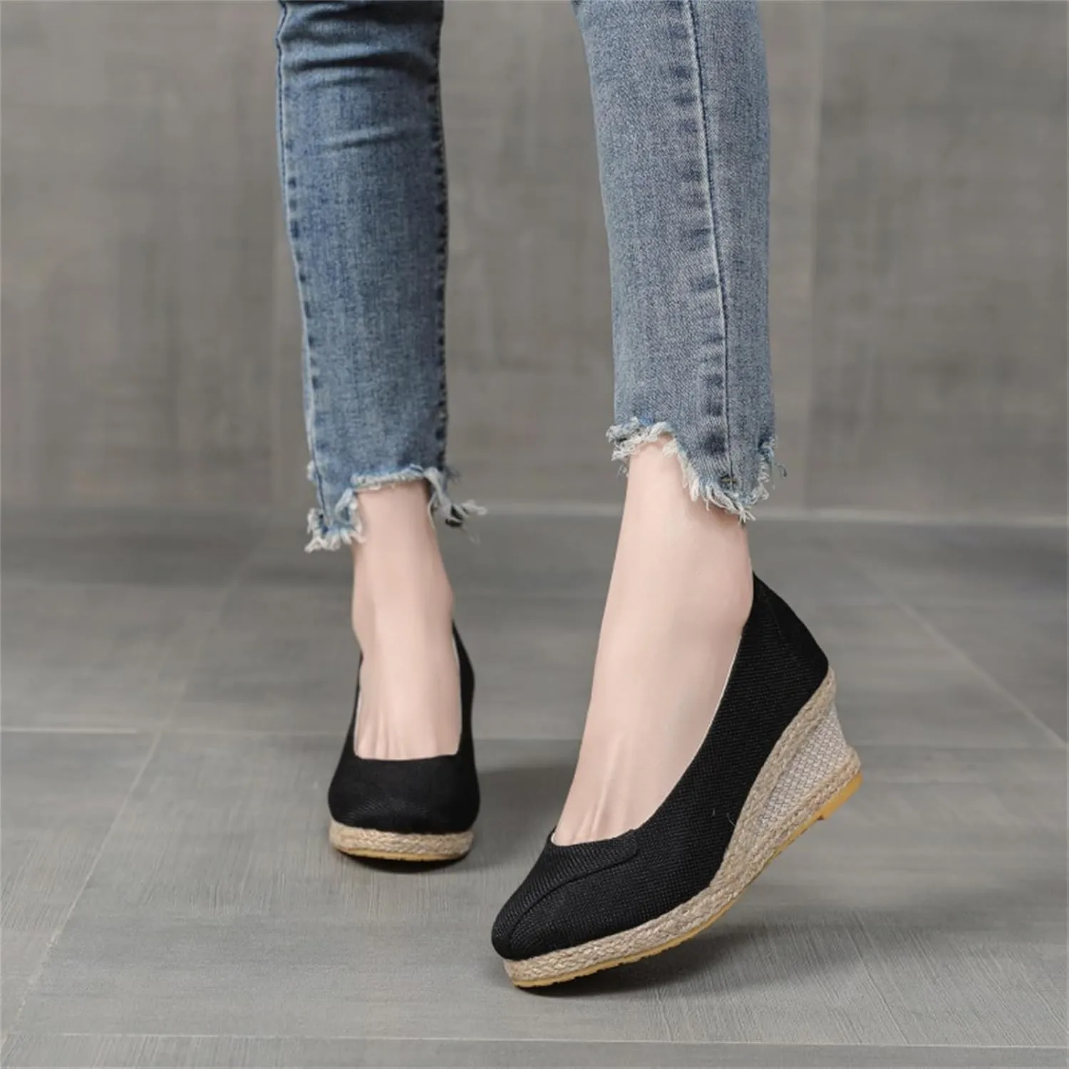Raffia Sandals Women Closed Toe Woven Flax Espadrilles Wedge Sandals High Sole Slip-On Platform Shoes Fashion Arch Support Summer Shoes