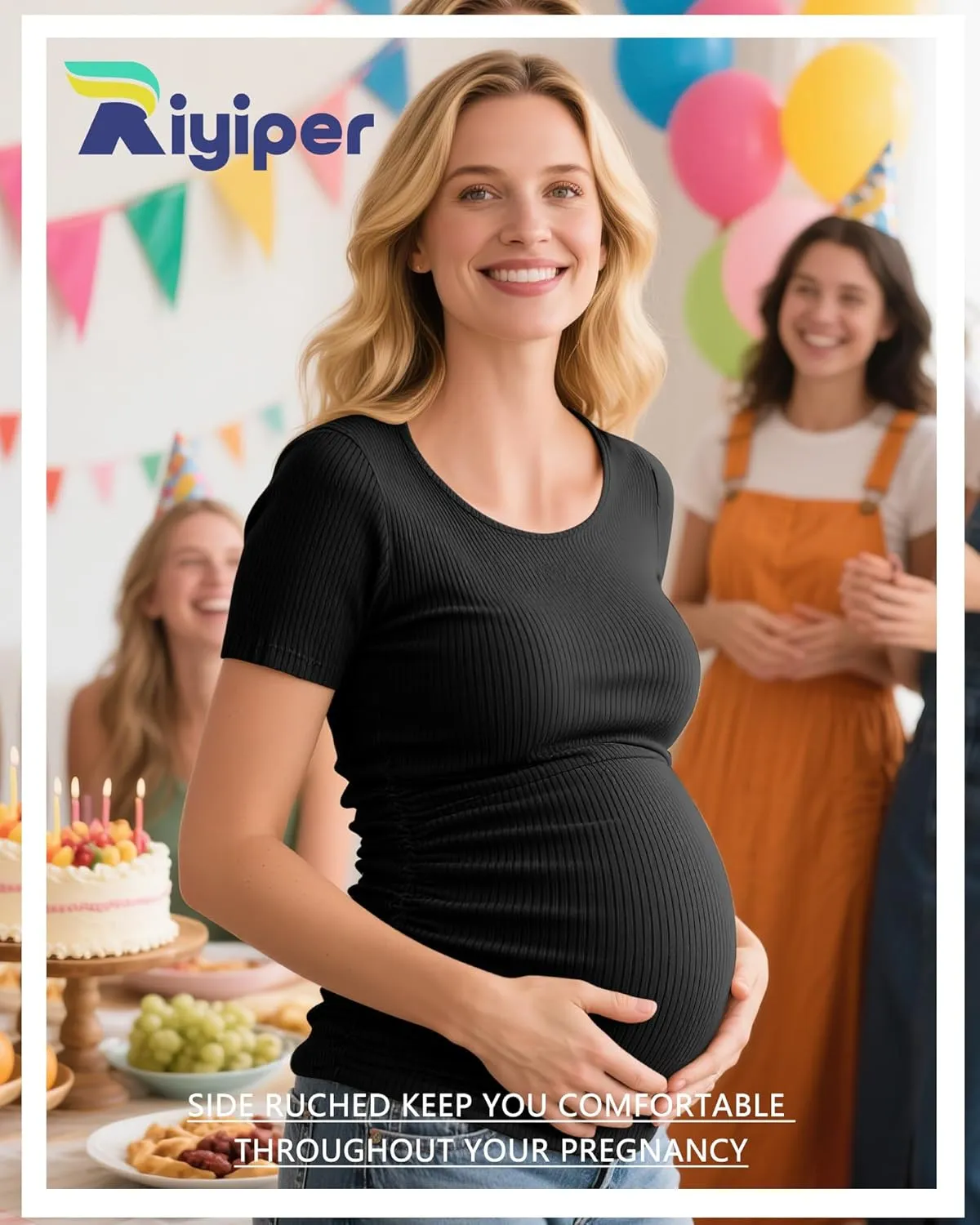 Riyiper 4 Pack Women's Maternity T-Shirts, Cotton Side Ruched Ribbed Maternity Top Scoop Neck Short Sleeve Pregnant Clothes