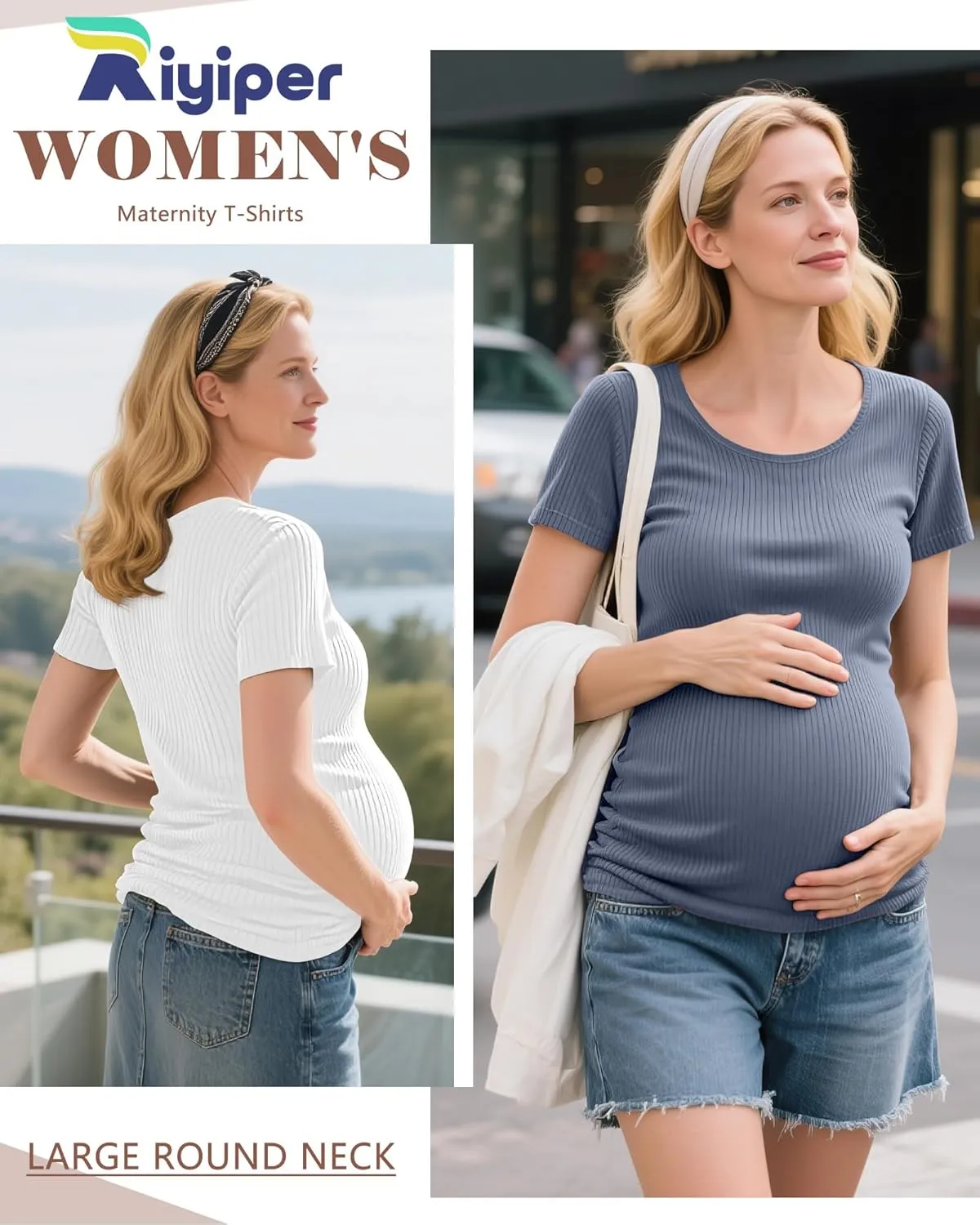 Riyiper 4 Pack Women's Maternity T-Shirts, Cotton Side Ruched Ribbed Maternity Top Scoop Neck Short Sleeve Pregnant Clothes