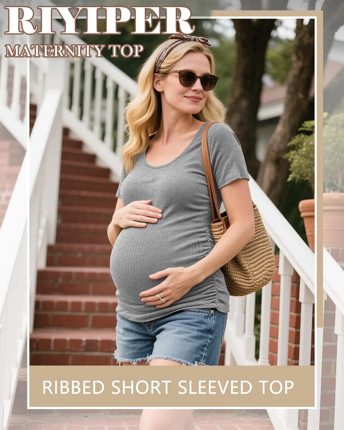 Riyiper 4 Pack Women's Maternity T-Shirts, Cotton Side Ruched Ribbed Maternity Top Scoop Neck Short Sleeve Pregnant Clothes