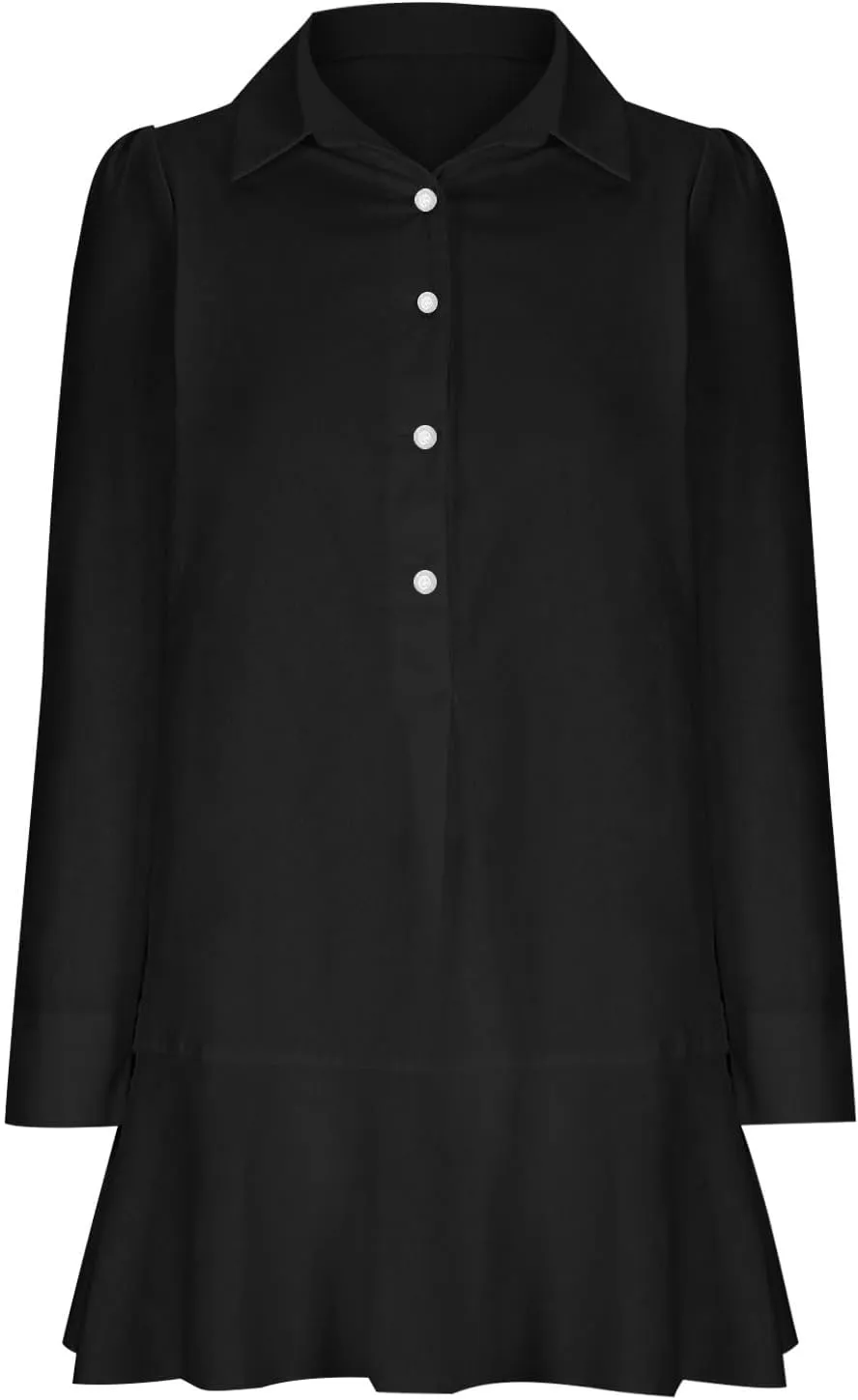 Ruffle Hem Mini Shirt Dress Women Cotton Linen Long Sleeve Henley Tunic Dress Button V Neck Lapel Casual Dresses