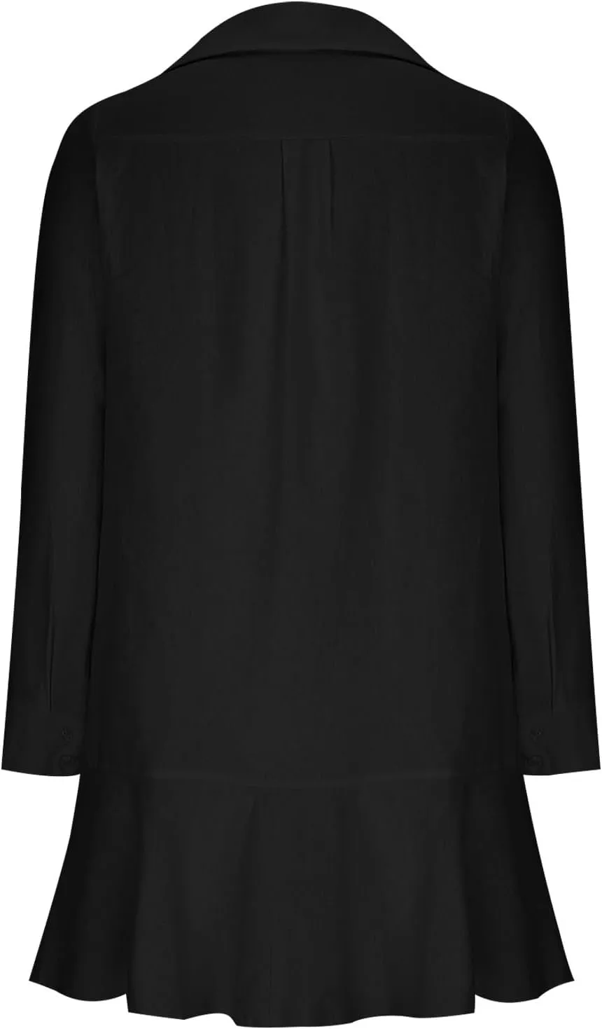 Ruffle Hem Mini Shirt Dress Women Cotton Linen Long Sleeve Henley Tunic Dress Button V Neck Lapel Casual Dresses