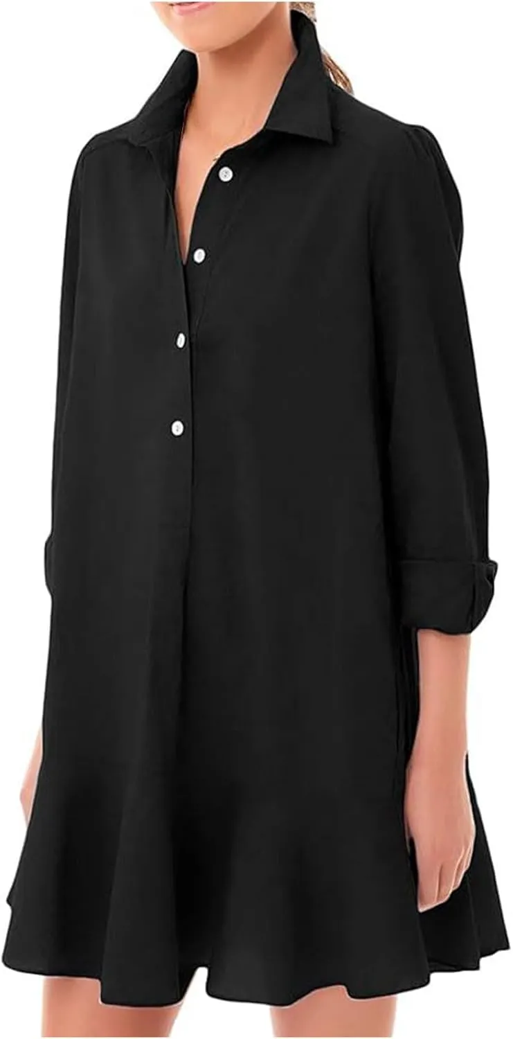 Ruffle Hem Mini Shirt Dress Women Cotton Linen Long Sleeve Henley Tunic Dress Button V Neck Lapel Casual Dresses