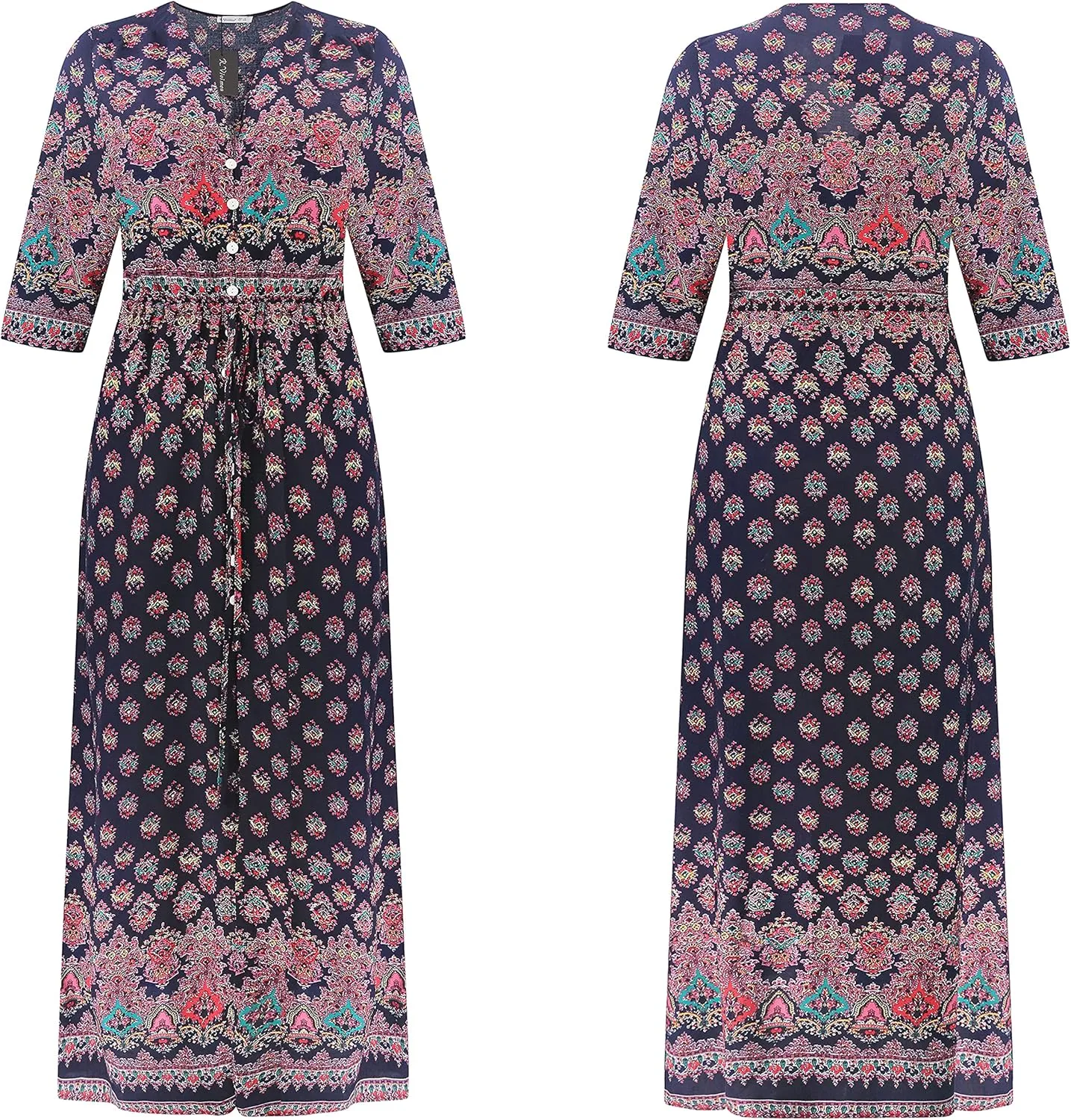 R.Vivimos Women's Summer Boho Button Up V Neck Floral Print Roll Up Causal Split Beach Midi Dresses