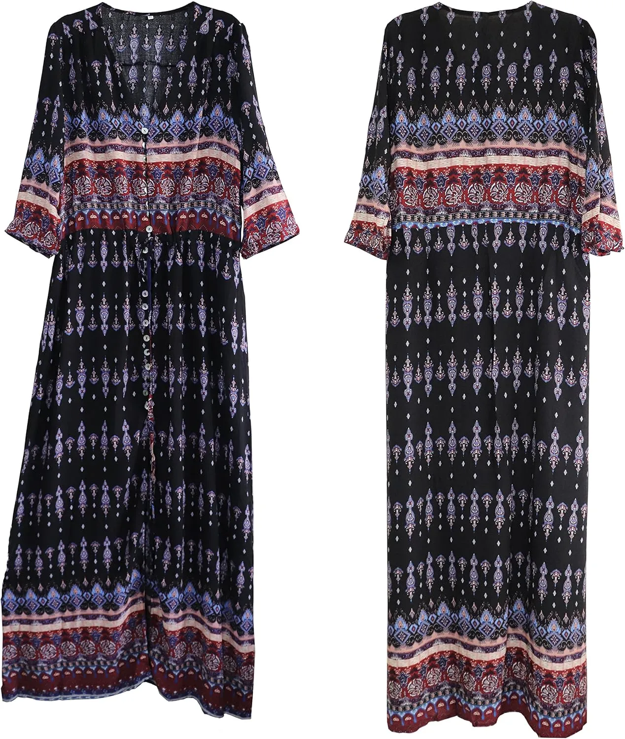 R.Vivimos Women's Summer Boho Button Up V Neck Floral Print Roll Up Causal Split Beach Midi Dresses