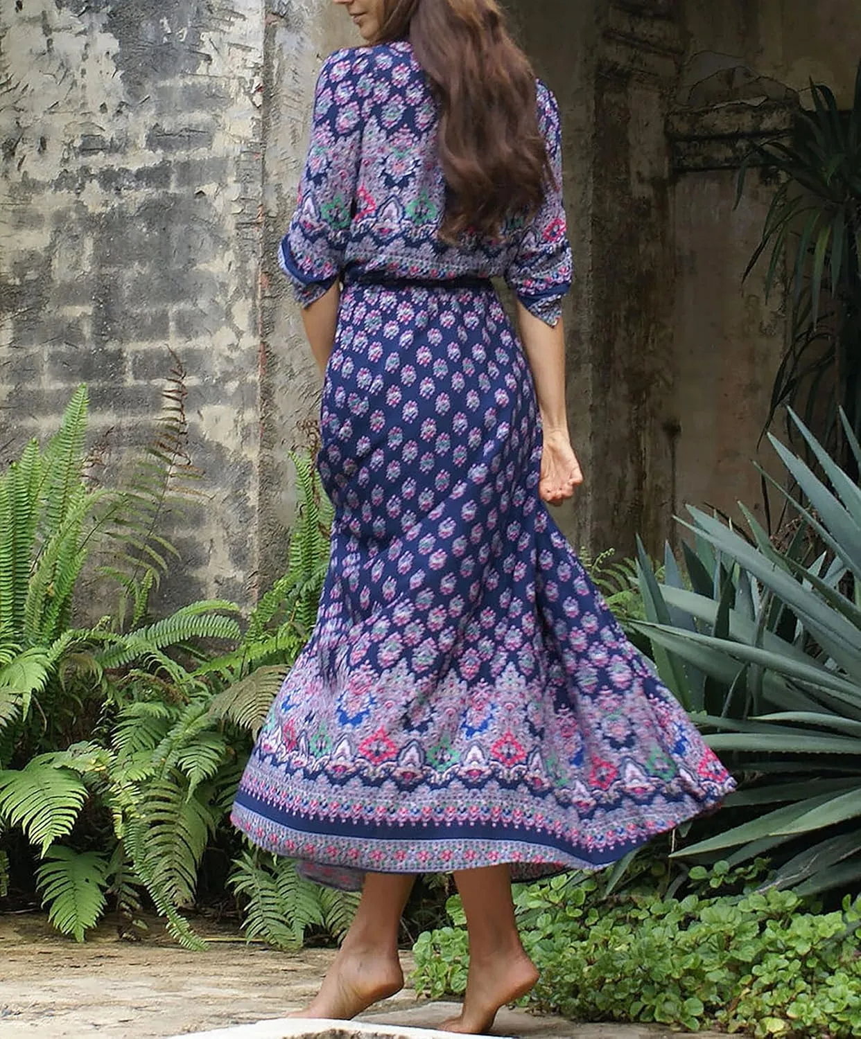 R.Vivimos Women's Summer Boho Button Up V Neck Floral Print Roll Up Causal Split Beach Midi Dresses