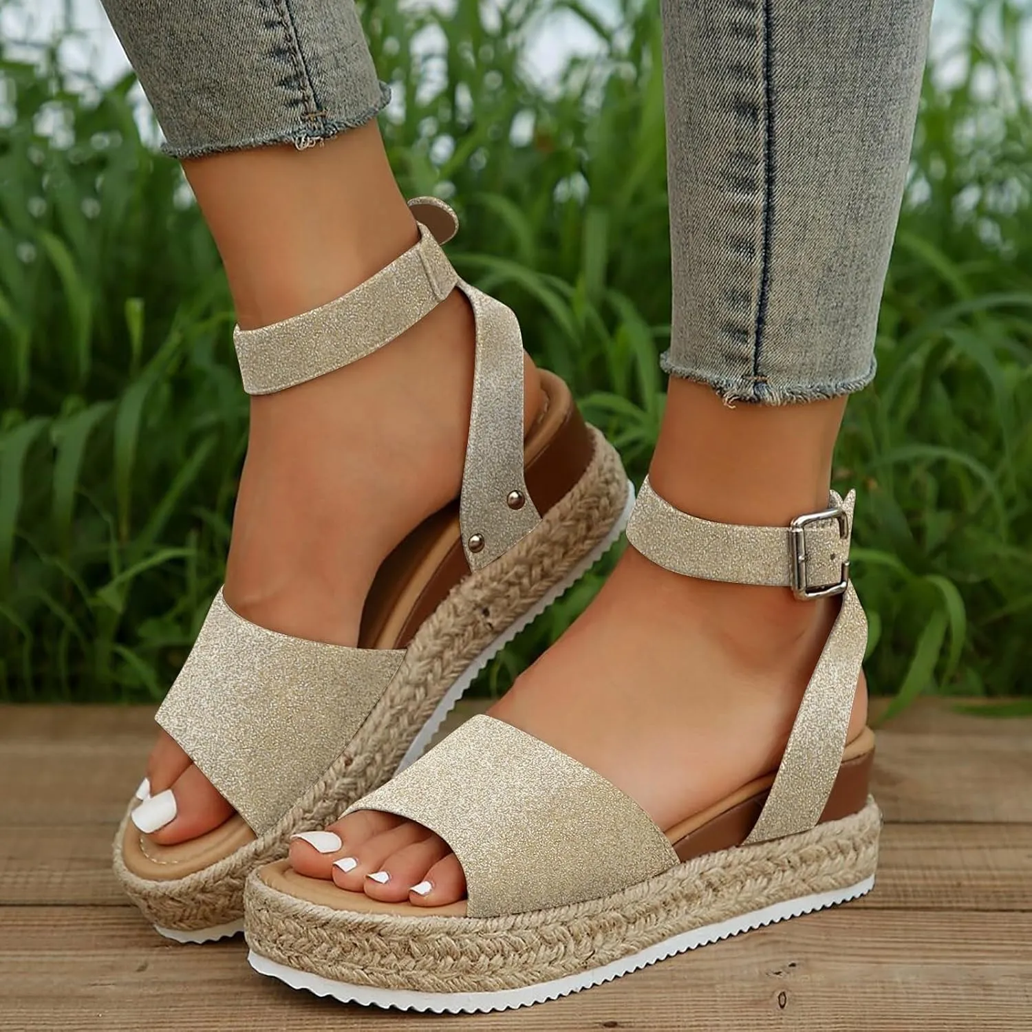 Sandals for Women 2025 Dressy Woven Wedge Espadrille Sandal Women's Ankle Buckle Platform Heels Summer Pumps shoes
