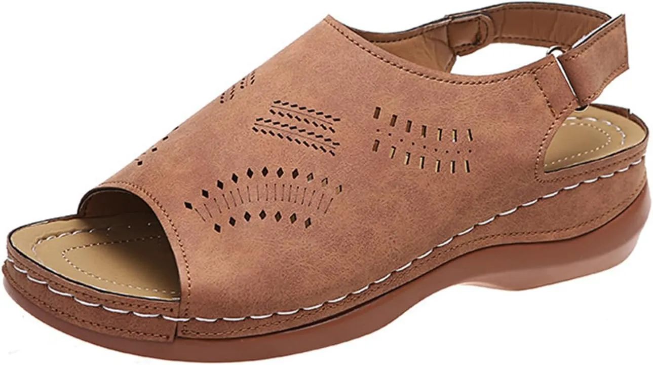 Sandals for Women 2025 Summer Low Heel Wedge Sandals Open Peep Toe Arch Support Shoes Hollow Out Buckle Ankle Strap Sandal Comfortable Beach Walking Shoes
