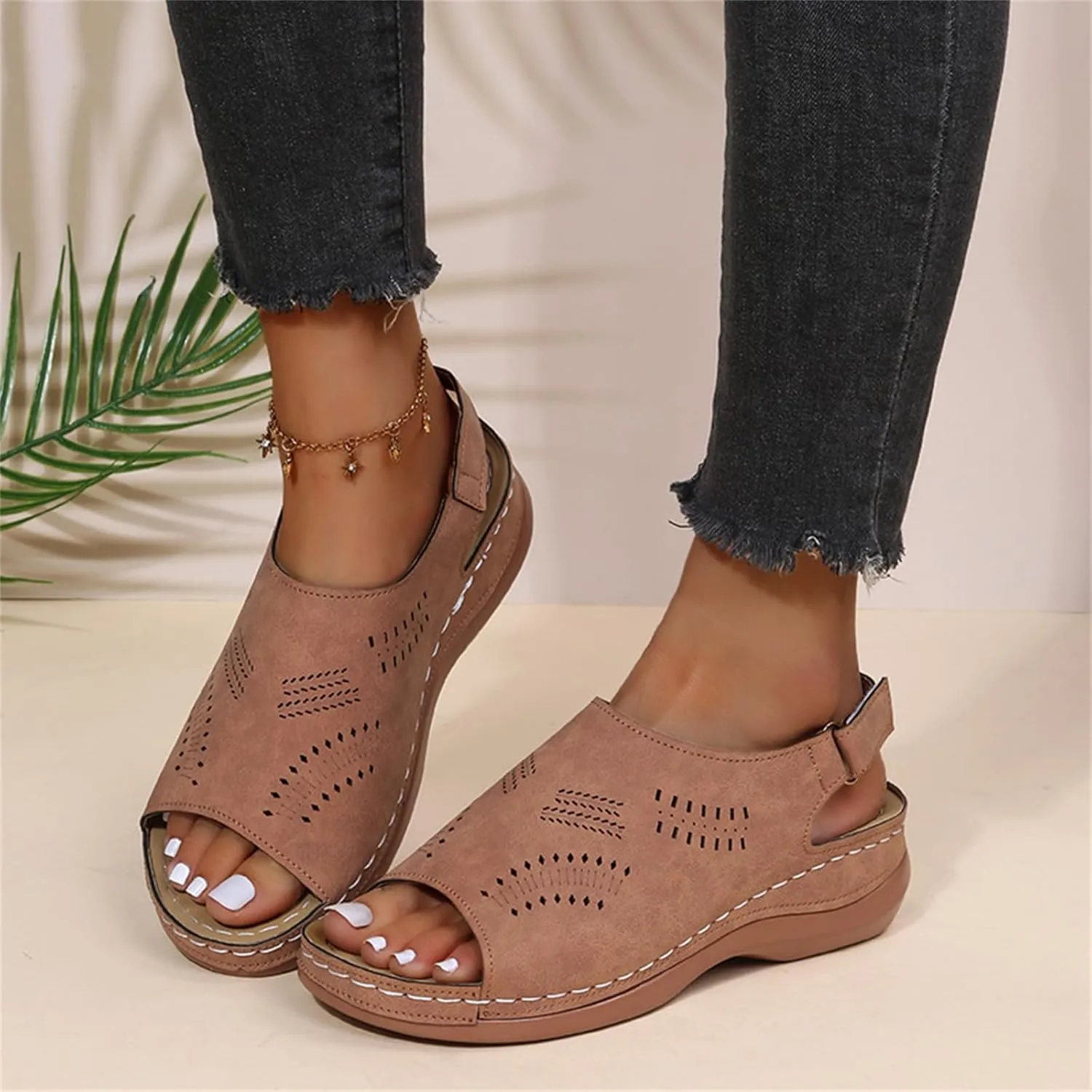 Sandals for Women 2025 Summer Low Heel Wedge Sandals Open Peep Toe Arch Support Shoes Hollow Out Buckle Ankle Strap Sandal Comfortable Beach Walking Shoes