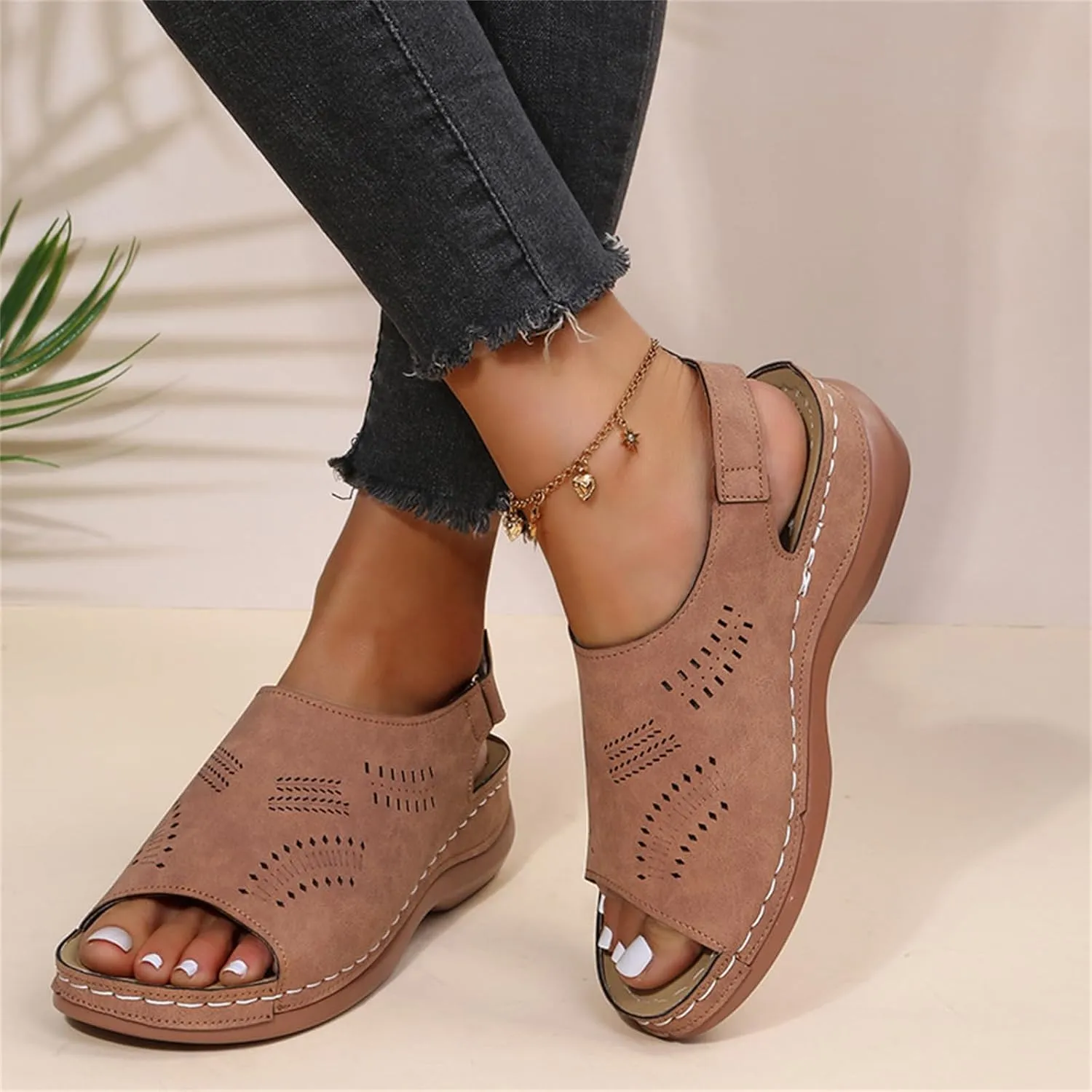 Sandals for Women 2025 Summer Low Heel Wedge Sandals Open Peep Toe Arch Support Shoes Hollow Out Buckle Ankle Strap Sandal Comfortable Beach Walking Shoes