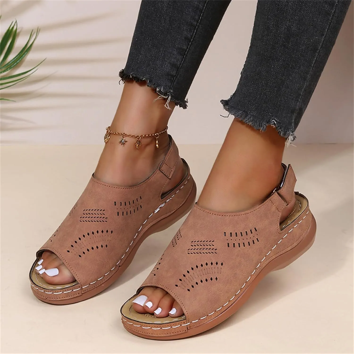 Sandals for Women 2025 Summer Low Heel Wedge Sandals Open Peep Toe Arch Support Shoes Hollow Out Buckle Ankle Strap Sandal Comfortable Beach Walking Shoes