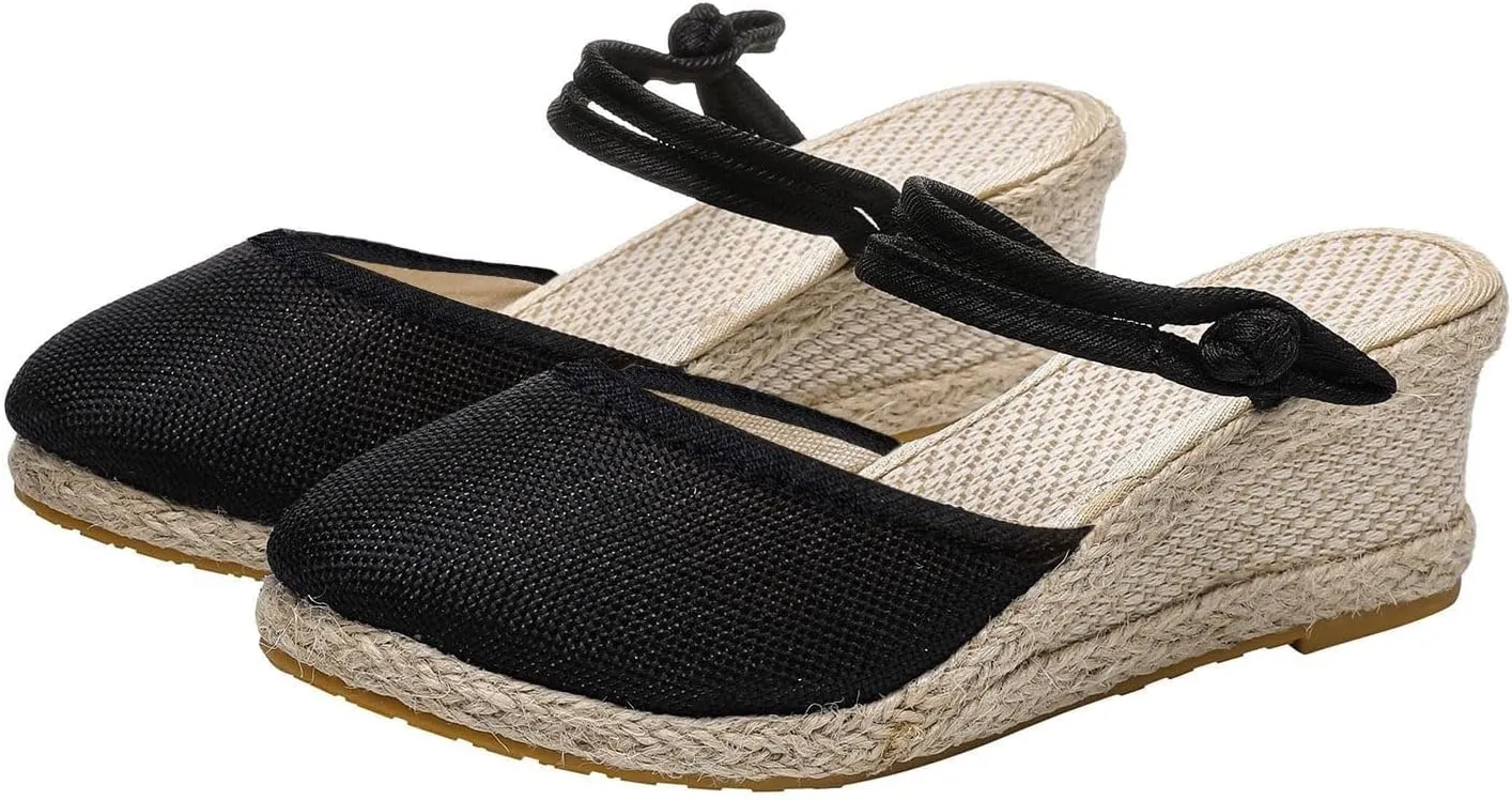 Sandals for Women Dressy Summer 2025 Casual Closed Toe Ankle Strap Retro Platform Wedges Shoes Low Heel Slingback Heels Espadrilles Wedge Slip On Sandal Walking Elegant Wedding Going Out