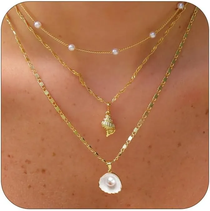 Shell Necklace for Women Gold Layered Conch Seashell Starfish Pendant Necklace Boho Summer Beach Vacation Jewelry for Women