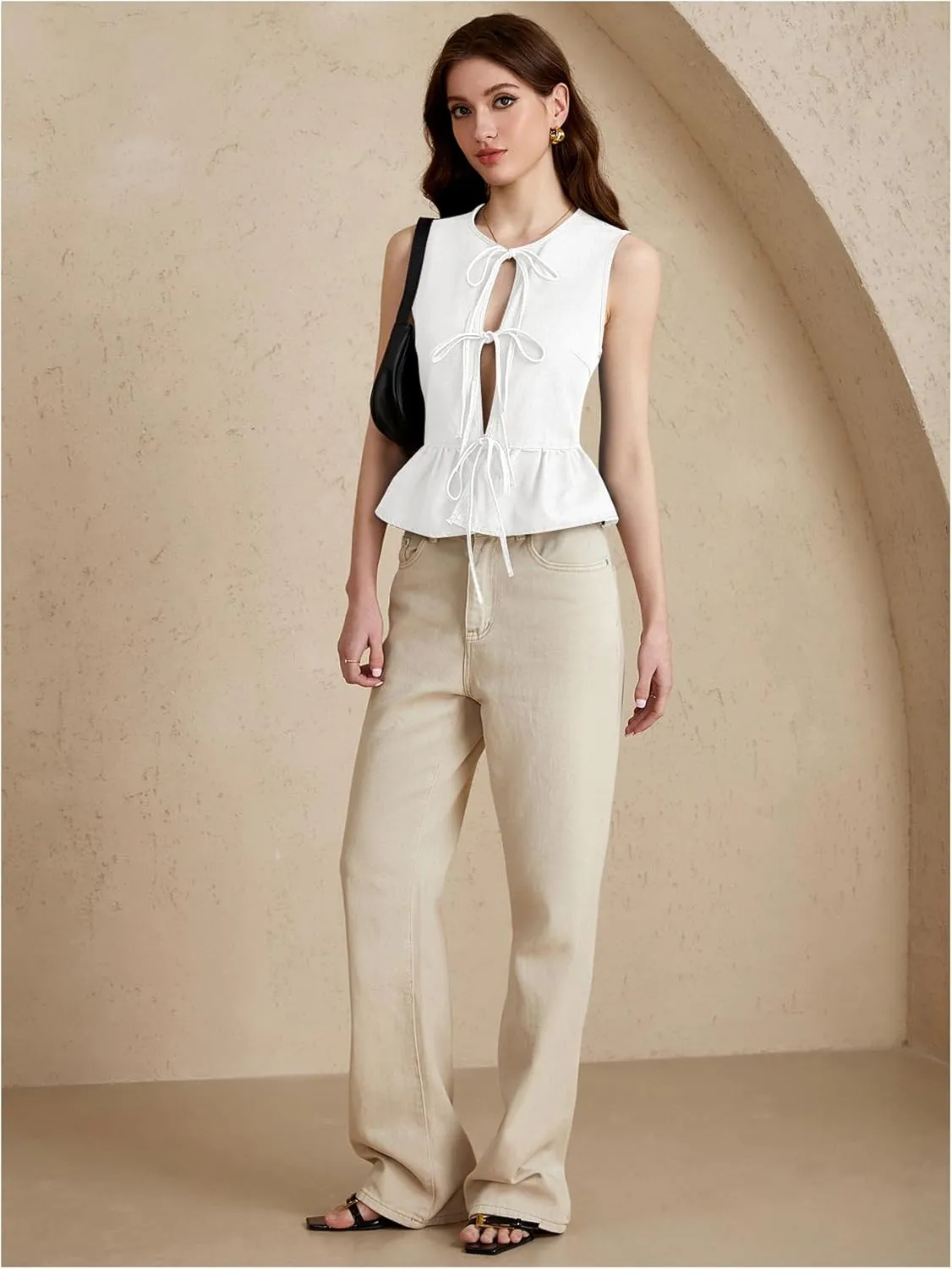 SHENHE Women's Y2k Tie Front Denim Vest V Neck Ruffle Hem Sleeveless Peplum Jean Top Shirt